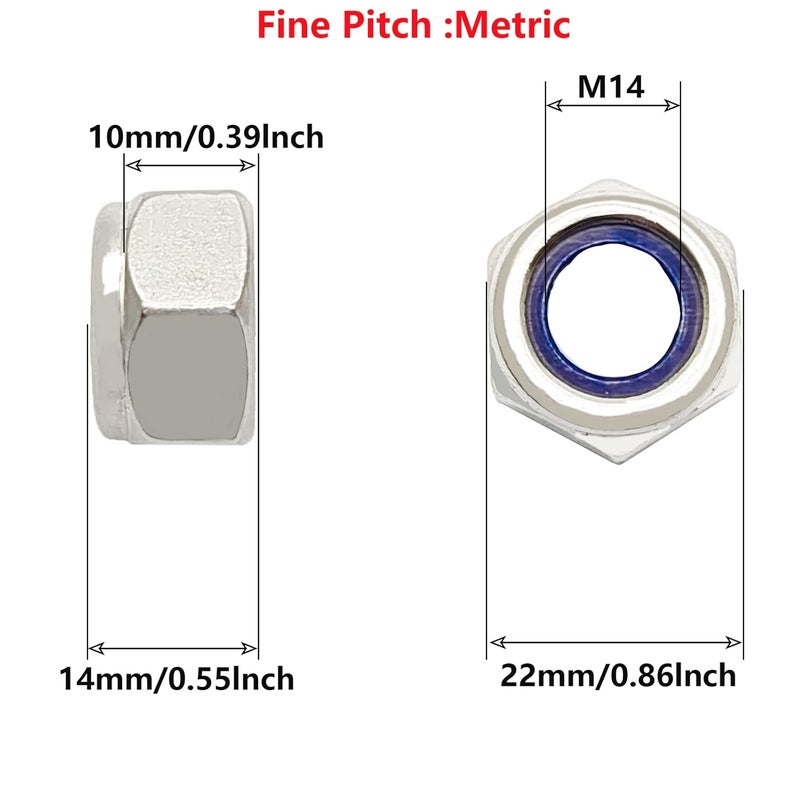 DGZ 2Pcs M14 x1.5mm Stainless Steel Nylon Insert Lock Nuts, Silver - Image 2
